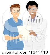 Poster, Art Print Of Cartoon Happy Black Male Doctor Discussing Patient History With A Male Nurse