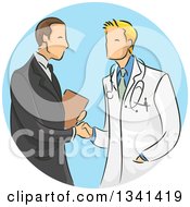 Clipart Of A Sketched White Male Doctor Shaking Hands With A Medical Sales Representative Over A Blue Circle Royalty Free Vector Illustration