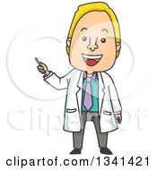 Cartoon Happy Blond White Male Doctor Using A Laser Pointer During A Presentation