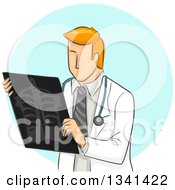 Poster, Art Print Of Sketched Red Haired White Male Radiologist Doctor Holding An Xray Over A Blue Circle