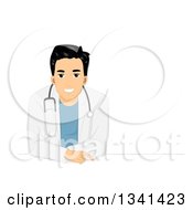 Clipart Of A Handsome Asian Male Doctor Leaning Over A Table Royalty Free Vector Illustration