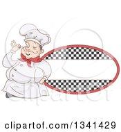 Sketched Chubby White Male Chef Touching The Tip Of His Mustache By A Checkered Oval Label