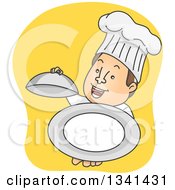 Poster, Art Print Of Cartoon Happy White Male Chef Holding Up An Empty Cloche Platter