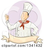 Sketched White Male Chef Gesturing Perfect Okay Over A Blank Ribbon Banner And Purple Oval