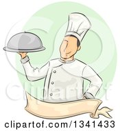 Sketched White Male Chef Holding A Cloche Platter Over A Blank Ribbon Banner And Purple Oval