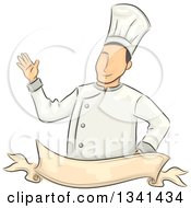 Clipart Of A Sketched White Male Chef Waving Over A Blank Ribbon Banner Royalty Free Vector Illustration