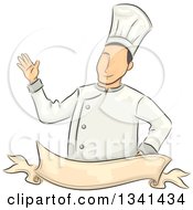 Poster, Art Print Of Sketched White Male Chef Waving Over A Blank Ribbon Banner