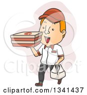 Cartoon White Male Pizza Delivery Man Carrying Boxes And A Bag