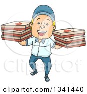 Poster, Art Print Of Cartoon White Male Pizza Delivery Man Carrying Boxes On Both Hands