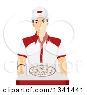 Friendly Male Pizza Delivery Man Holding Out A Box