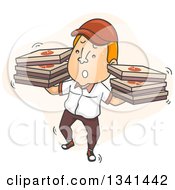 Cartoon Unsteady White Male Pizza Delivery Man Carrying Boxes On Both Hands