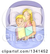 Poster, Art Print Of Blond Caucasian Mother And Son Asleep After Reading A Bedtime Story