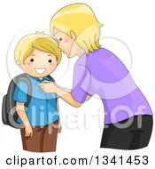 Poster, Art Print Of Blond Caucasian Mother Butting Up Her Sons Shirt While Getting Him Ready For School