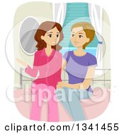 Clipart Of A Nurtuting Caucasian Mother Sitting On Her Daughters Bed And Discussing Teenage Issues Royalty Free Vector Illustration
