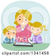Poster, Art Print Of Cartoon Blond Caucasian Mother Reading An Ebook To Her Children From A Tablet Computer