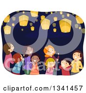 Poster, Art Print Of Group Of Mothers And Children Looking Up Watching Floating Lanterns