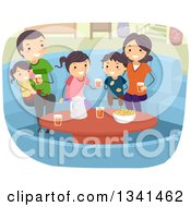 Poster, Art Print Of Happy Caucasian Family With Snaks And Drinks In A Conversation Pit