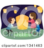 Poster, Art Print Of Happy Caucasian Family Setting Up A Floating Lantern