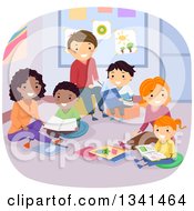 Poster, Art Print Of Happy Families Reading Books In A Library Or Class Room