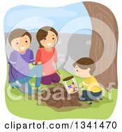 Poster, Art Print Of Caucasian Son And Parents Burying A Time Capsule In Their Yard