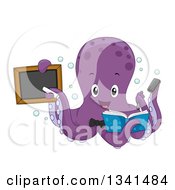Poster, Art Print Of Cartoon Purple Octopus Teacher Holding A Book And Black Board