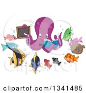 Cartoon Purple Octopus Teacher Holding A Book And Black Board Encircled With Fish Students
