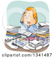 Poster, Art Print Of Cartoon Confused And Stressed Red Haired White Man Going Over Books And Paperwork