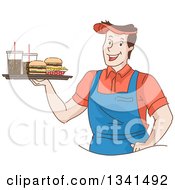 Sketched Happy White Male Waiter Holding A Tray Of Fast Food Burgers Fries And Sodas
