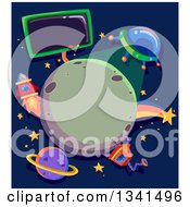 Poster, Art Print Of Ufo Shining Light On A Planet Framed With A Robot Rocket Shooting Star And Sign