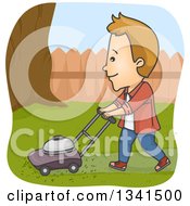 Poster, Art Print Of Cartoon White Man Mowing The Lawn In His Yard