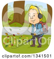 Cartoon Blond White Man Using A Leaf Blower
