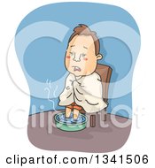 Poster, Art Print Of Cartoon Sick White Man With The Flu Soaking His Feet In Hot Water