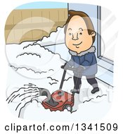 Cartoon Brunette White Man Using A Snow Blower In His Yard