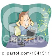 Cartoon Frustrated Caucasian Man Covering His Ears In Bed While Hearing Noise From The Neighbors