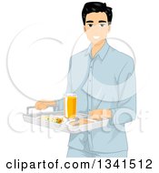 Poster, Art Print Of Young Asian Man In Pajamas Carrying A Breakfast Tray