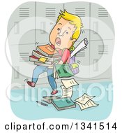 Poster, Art Print Of Cartoon White Male Teenager Struggling With A Stack Of Books By His Locker