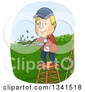 Cartoon Blond White Man Trimming A Garden Hedge In His Yard