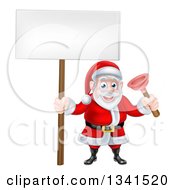 Poster, Art Print Of Happy Plumber Christmas Santa Claus Holding A Plunger And Blank Sign