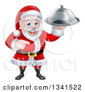 Poster, Art Print Of Happy Christmas Santa Claus Chef Holding A Silver Cloche Platter And Pointing