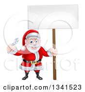 Clipart Of A Happy Christmas Santa Holding An Adjustable Wrench Tool And Blank Sign Royalty Free Vector Illustration
