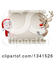 Poster, Art Print Of Cartoon Christmas Rudolph The Red Nosed Reindeer And Santa Pointing Around A Blank Scroll Sign