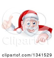 Poster, Art Print Of Cartoon Christmas Santa Claus Pointing Down Over A Sign And Giving A Thumb Up