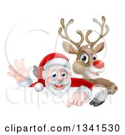 Poster, Art Print Of Cartoon Christmas Rudolph The Red Nosed Reindeer And Waving Santa Over A Sign