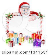 Poster, Art Print Of Cartoon Christmas Santa Claus Pointing Down Over A Blank Sign With Gifts