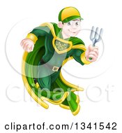 Clipart Of A Young Brunette Caucasian Male Super Hero Running With A Garden Fork Or Hand Rake Royalty Free Vector Illustration