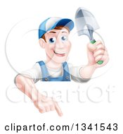 Poster, Art Print Of Happy Middle Aged Brunette White Male Gardener In Blue Holding Up A Shovel And Pointing Down Over A Sign