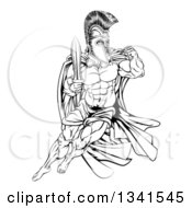 Poster, Art Print Of Black And White Muscular Gladiator Man In A Helmet Fighting With A Sword And Holding Up A Fist
