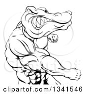 Clipart Of A Black And White Tough Muscular Crocodile Or Alligator Man Punching Royalty Free Vector Illustration by AtStockIllustration