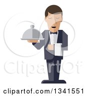 Stylized Male Waiter With A Curling Mustache Standing With A Napkin Draped Over His Arm And A Cloche Platter In Hand