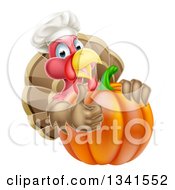 Clipart Of A Turkey Bird Chef Holding A Thumb Up Around A Thanksgiving Pumpkin Royalty Free Vector Illustration by AtStockIllustration